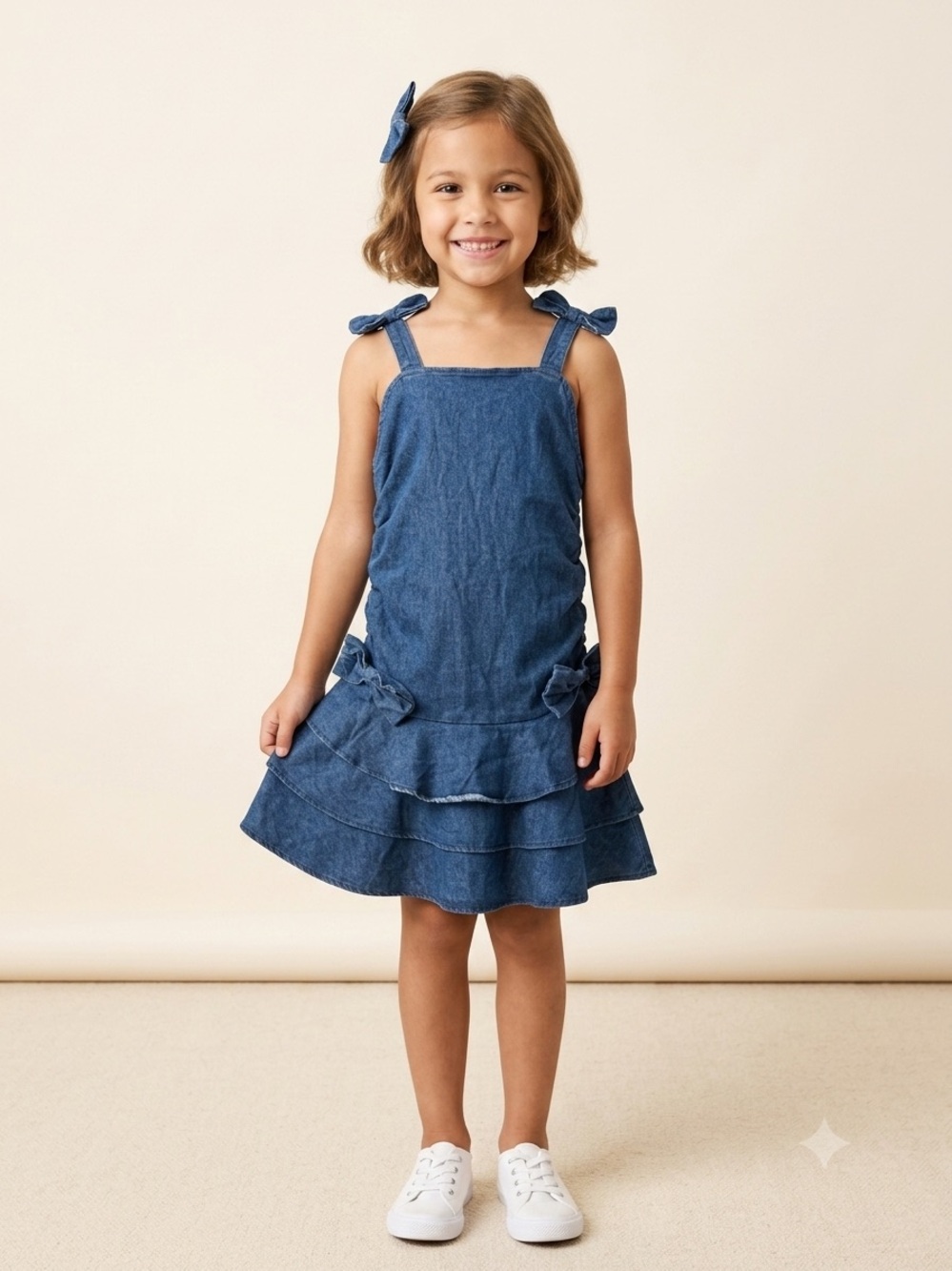 Denim Bow-Strap Girls' jeans Dress - Blue size 10Y